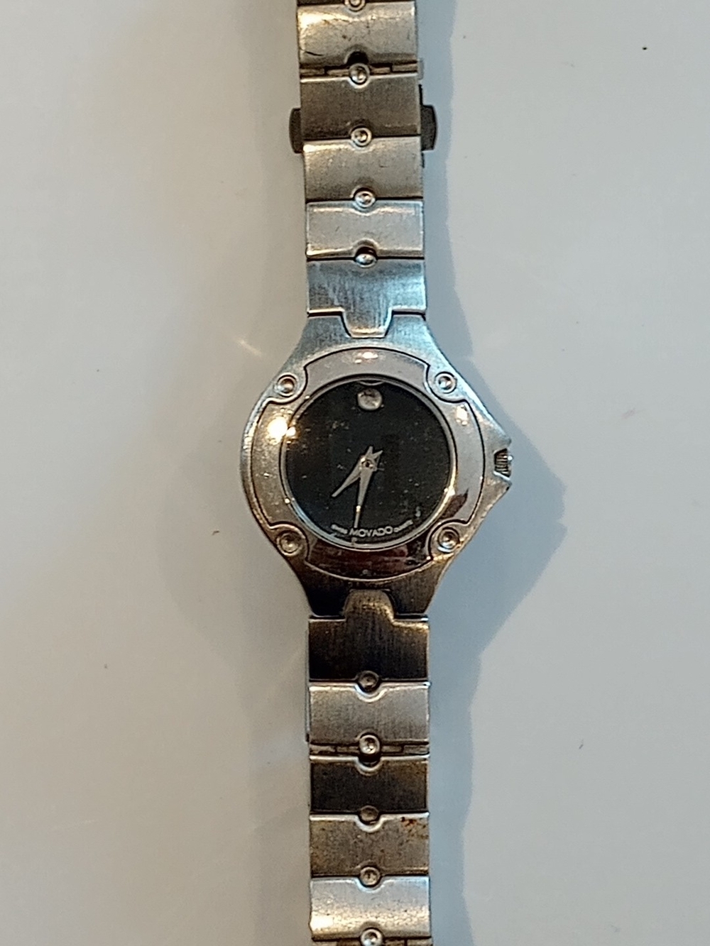 Movado Silver Tone Bracelet Watch with Black Dial